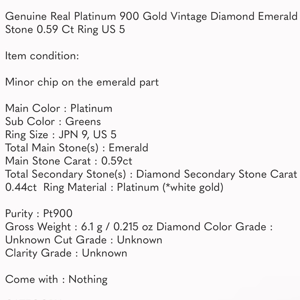 Real platinum 900 Gold &Diamonds..Emerald stone .0.59 CT - Picture 9 of 12
